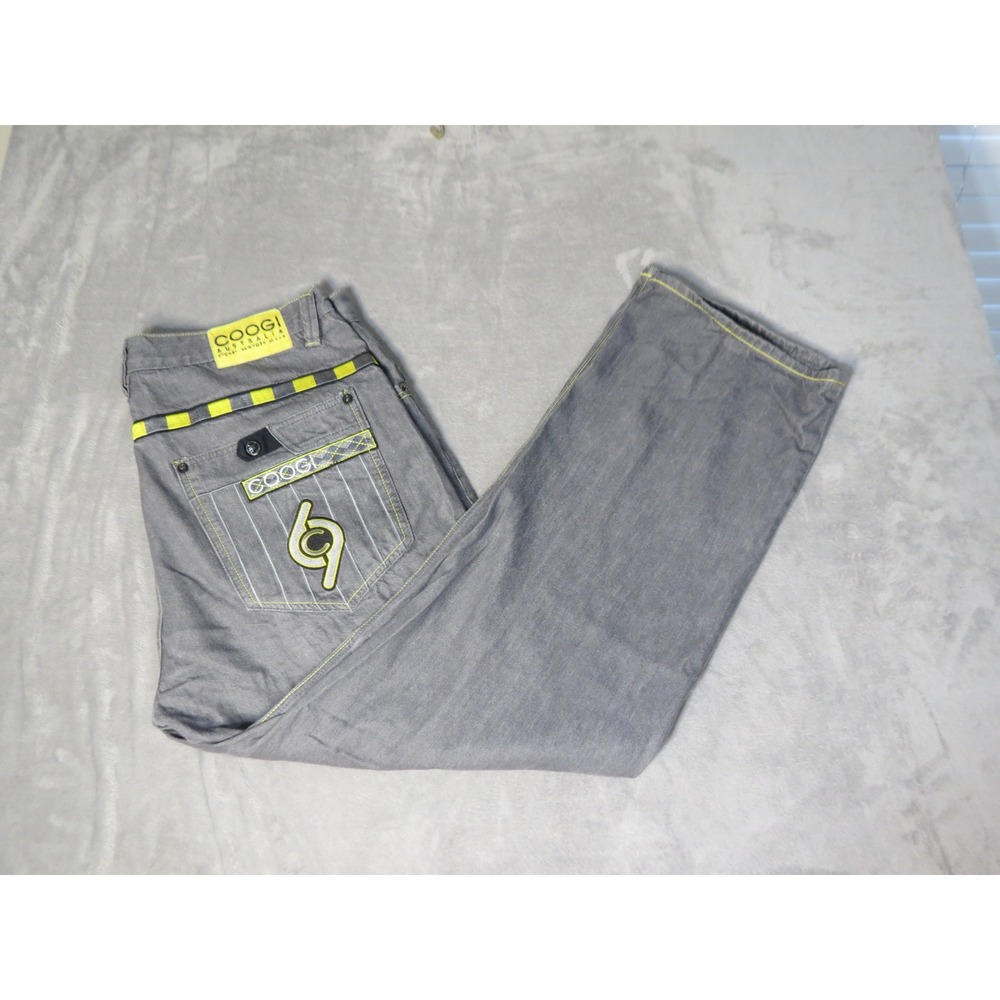 Vintage Coogi Jeans Mens W42 L35 Grey Neon Yellow Embroidered Relaxed Straight